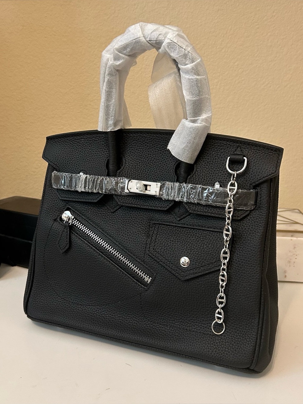 25cm Black Top Handle Rock Style Leather Satchel